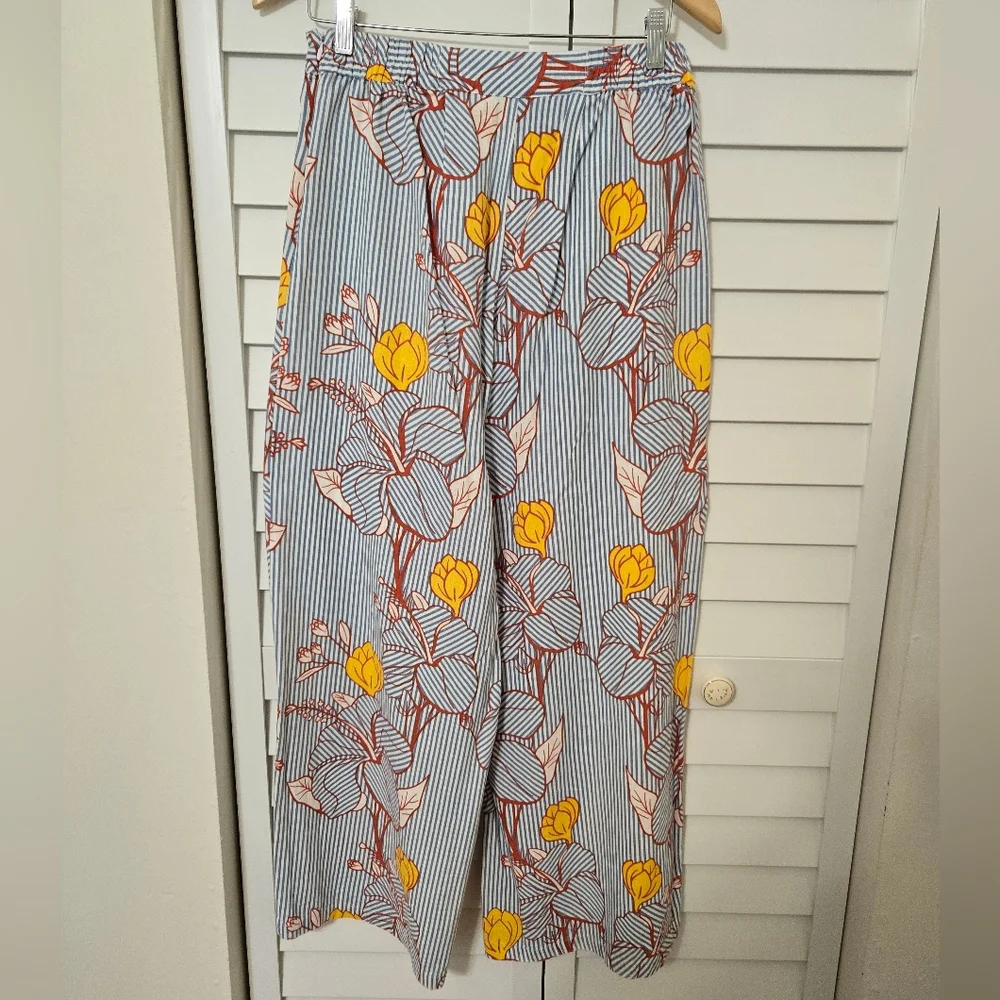 For Cynthia Womens Floral Blue White Striped Elastic Waist Linen Wide Leg Pant S